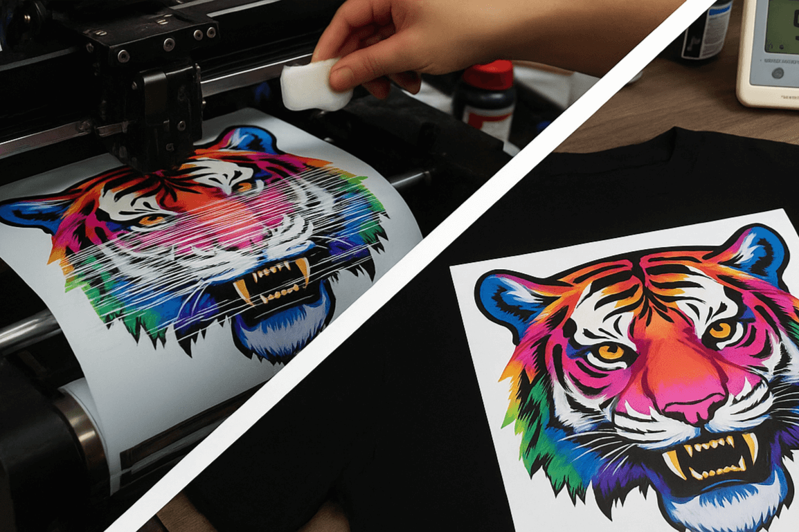 DTF print banding issue and fixed vibrant tiger design on t-shirt.