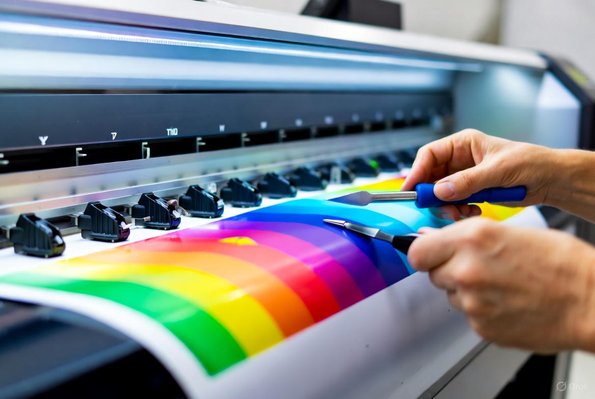 A technician performing maintenance on a modern DTF printer with vibrant ink cartridges in a professional printing studio, showcasing a clean setup and colorful printed output.