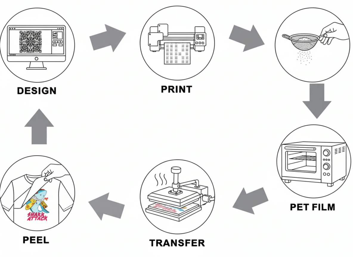 DTF printing process steps cycle: design, print, powder, press.