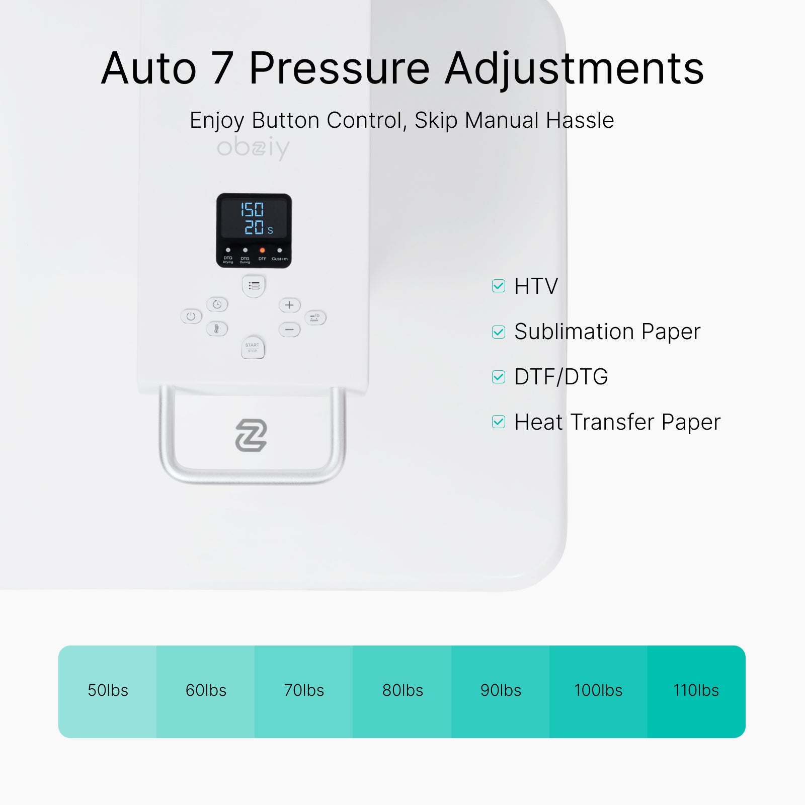 Obziy AutoHP1 Auto Heat Press White 110V:Pre-set DTF/DTG Modes