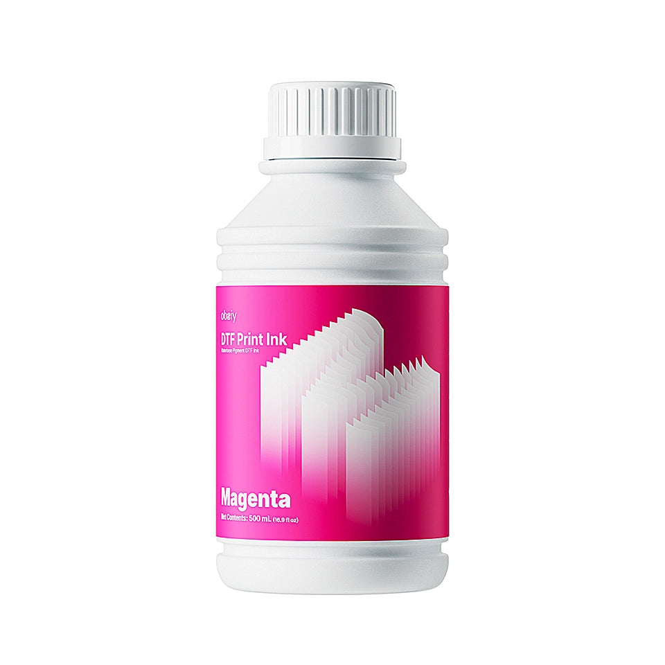 White bottle of Obziy magenta DTF ink with a pink label on a white background