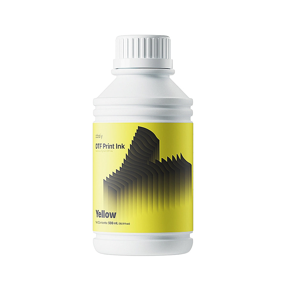 White bottle of Obziy yellow DTF ink with a yellow label on a white background