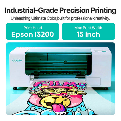 The Obziy DP1 Series delivers industrial-grade precision printing with the Epson I3200 print head and a 15-inch max print width, unlocking ultimate color for professional creativity.