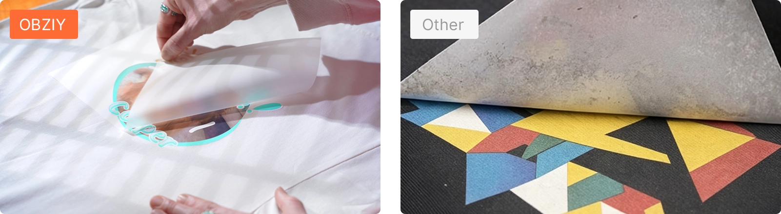 See the difference for yourself: Obziy’s refined drying technology ensures your transfers peel off cleanly, with no leftover powder or smudges. The result is a smooth, professional-grade print that’s bright and sharp, unlike the dull, residue-covered results from standard setups.
