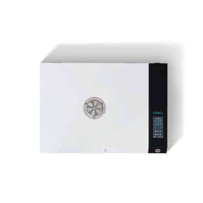 Top-down view product image of the Obziy DTF Oven showing the digital control panel and user interface (UI). The white oven lid features a central silver fan vent. The black panel on the right displays three red digital readouts and several control buttons beneath the "obziy" logo.