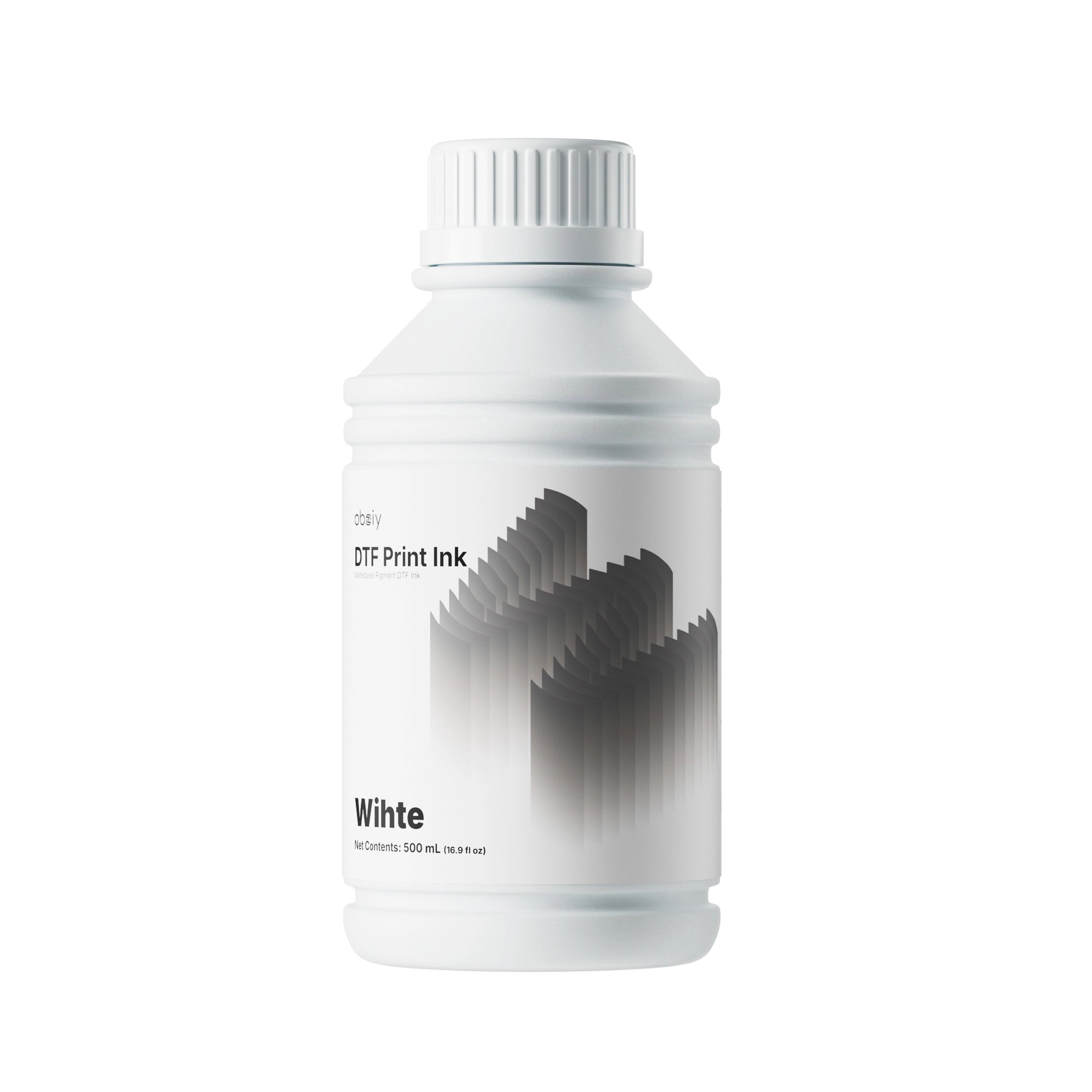 Bottle of Obziy white DTF print ink on a white background